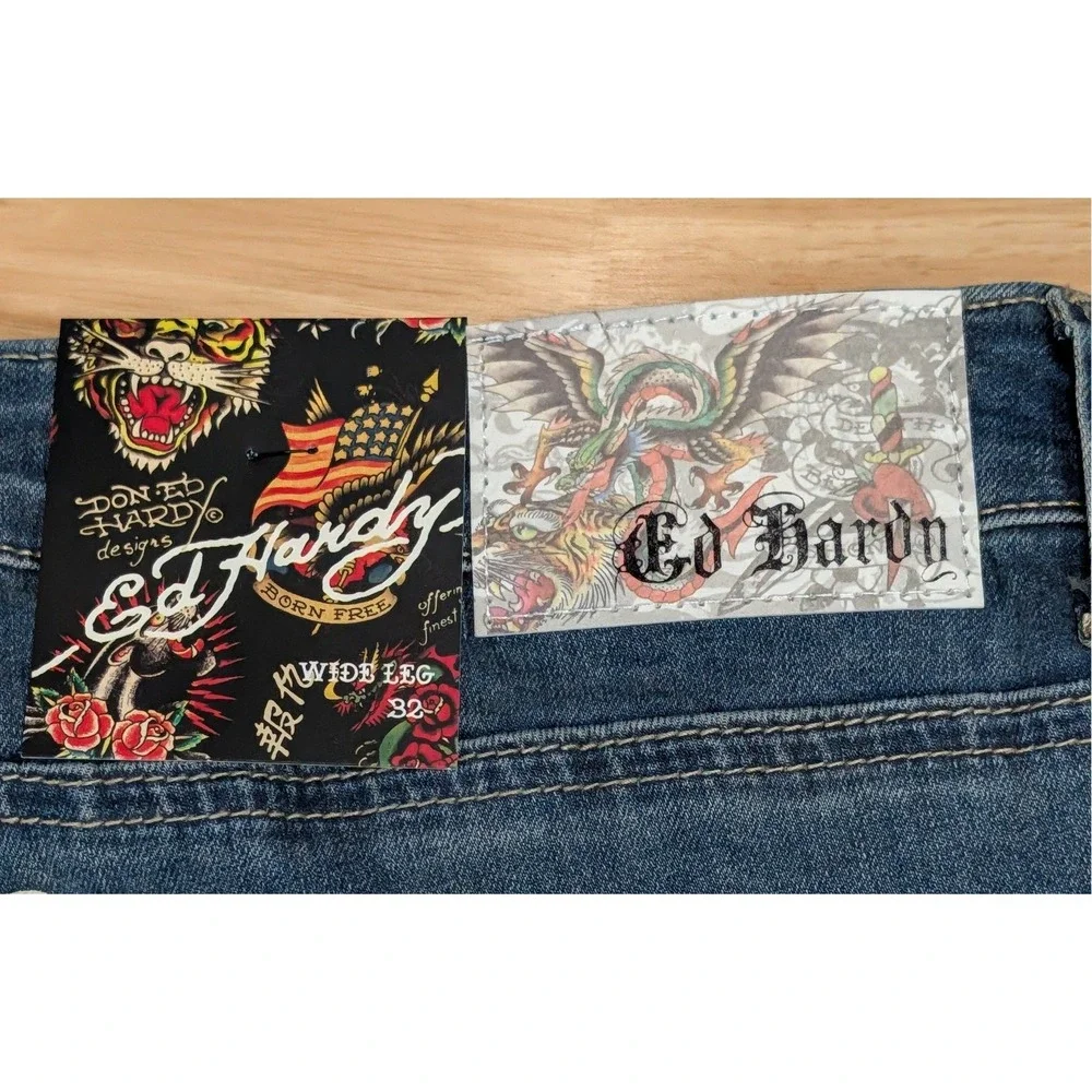 Ed Hardy Mens 32 Wide Leg Embroidered Jeans Medium‎ Vintage Blue NEW